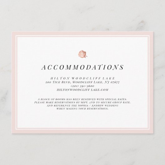 ローズゴールドの花をあしらったミニマルなウェディングステイのご案内 エンクロージャーカード (正面)