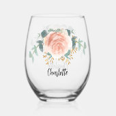 ローズゴールドの花モチーフの名前スクリプト ステムなしワイングラス (正面)