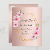 ローズゴールドの花モチーフの結婚式 Save the Date 案内ポストカード (正面/裏面)