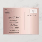 ローズゴールドの花モチーフの結婚式 Save the Date 案内ポストカード (裏面)
