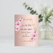 ローズゴールドの花モチーフの結婚式 Save the Date 案内ポストカード (スタンド正面)