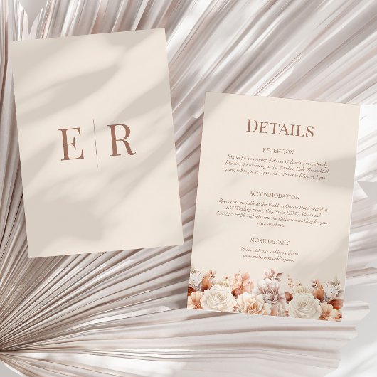 ローズゴールドの花モノグラム詳細封入カード 招待状