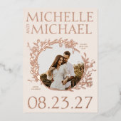 ローズゴールドの花柄ボーダー写真付きセーブ・ザ・デートカード 箔招待状 (正面)