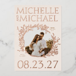 ローズゴールドの花柄ボーダー写真付きセーブ・ザ・デートカード 箔招待状