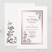 ローズゴールドの花柄ボーダー 40歳の誕生日ディナーパーティー 招待状 (正面/裏面)