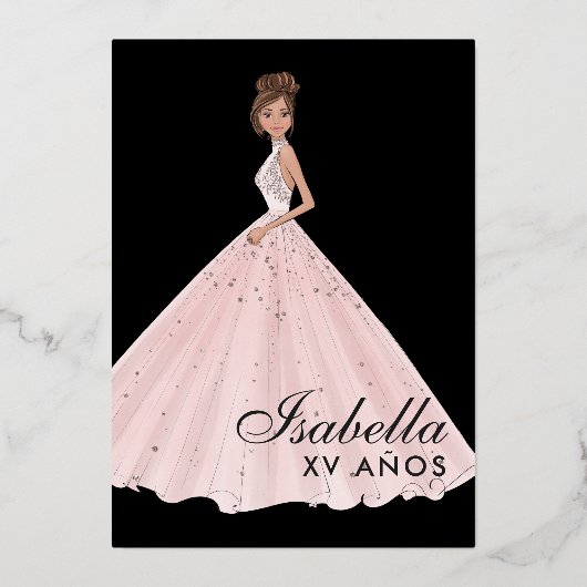 ローズゴールドの花飾り付きのキンセアニエラ（15歳の誕生日）招待状 箔招待状 (裏面)