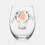 ローズゴールドの花飾り名前スクリプト ステムなしワイングラス (正面)