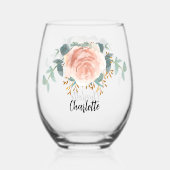 ローズゴールドの花飾り名前スクリプト ステムなしワイングラス (裏面)