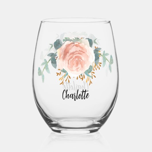 ローズゴールドの花飾り名前スクリプト ステムなしワイングラス (裏面)