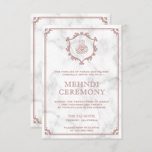 ローズゴールドの華やかな白大理石イスラムメヘンディ エンクロージャーカード (正面/裏面)