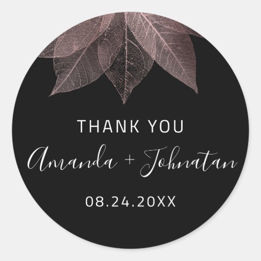 ローズゴールドの葉の名前と日付 ブラック ホワイト ブラッシュ ラウンドシール (正面)