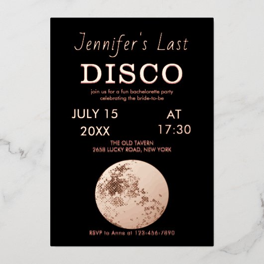 ローズゴールドの輝くディスコボール 花嫁の最後のディスコ 箔招待状 (正面)