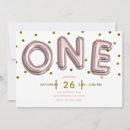 ローズゴールドの風船とコンフェッティ ONE 1歳の誕生日パーティー 招待状 (裏面)