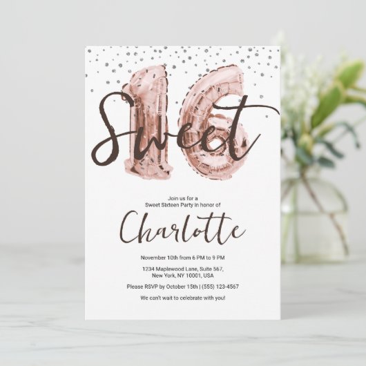 ローズゴールドの風船とシルバーのグリッターが輝くスイート16パーティーのお誘い 招待状 (スタンド正面)