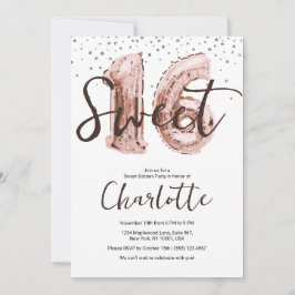 ローズゴールドの風船とシルバーのグリッターが輝くスイート16パーティーの招待状 招待状