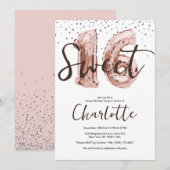 ローズゴールドの風船とシルバーのグリッターが輝くスイート16パーティーの招待状 招待状 (正面/裏面)