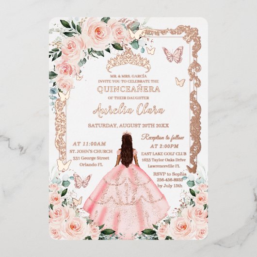 ローズゴールドのBlush Floral Quinceañeraプリンセスドレス 箔招待状 (正面)