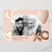 ローズゴールドのxoハート写真バレンタインデー 箔シーズンカード (正面)