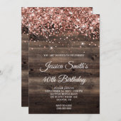 ローズゴールドグリッターが施されたラスティックウッド 40歳の誕生日 招待状 (正面/裏面)