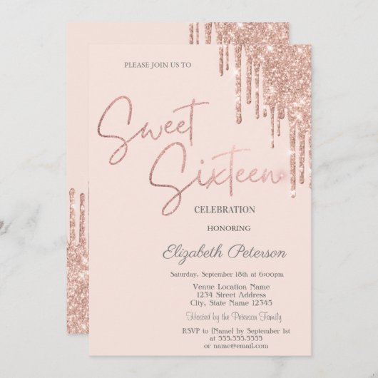 ローズゴールドグリッターが滴る ブラッシュピンクのスイート16 招待状 (正面/裏面)