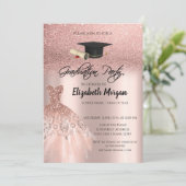 ローズゴールドグリッターのドレスと卒業帽 卒業 招待状 (スタンド正面)