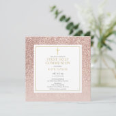 ローズゴールドグリッターのファーストホーリーコミュニオン スクエア 招待状 (スタンド正面)