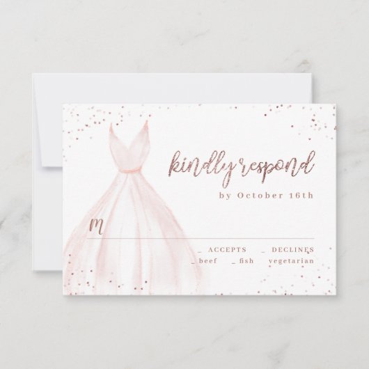 ローズゴールドグリッターエレガントスパークルピンクドレス ご予約 出欠カード (正面)