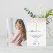 ローズゴールドグリッター写真ファーストホーリーコミュニオン サンキューカード (スタンド正面)