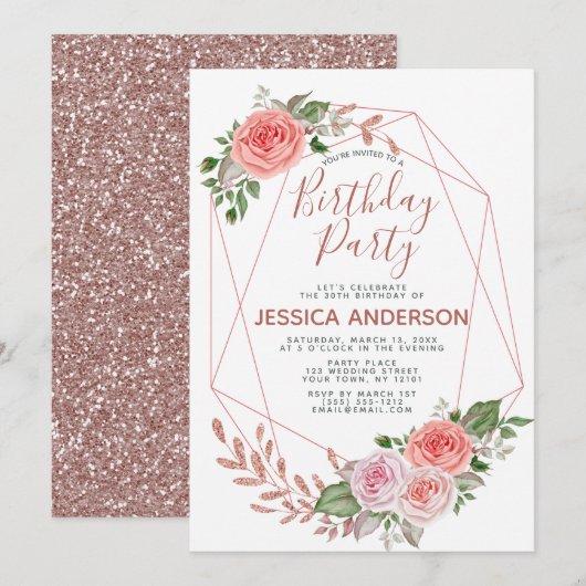 ローズゴールドグリッター幾何学フラワーバースデーパーティー 招待状 (正面/裏面)