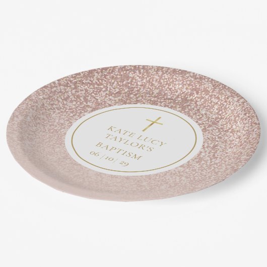 ローズゴールドグリッター洗礼 | 命名式 ペーパープレート (アングル)