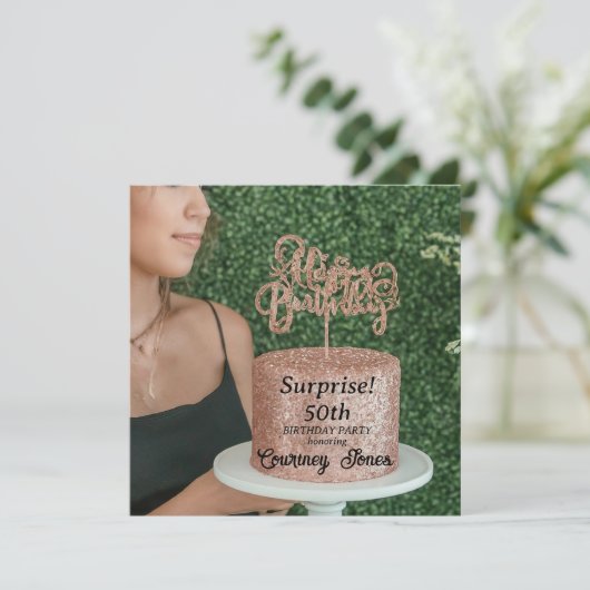 ローズゴールドグリッター誕生日ケーキ 50歳の誕生日 セーブザデート (スタンド正面)