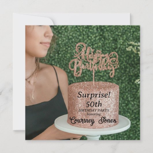 ローズゴールドグリッター誕生日ケーキ 50歳の誕生日 セーブザデート (正面)
