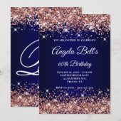 ローズゴールドグリッター ネイビーブルーオンブル 60歳の誕生日 招待状 (正面/裏面)