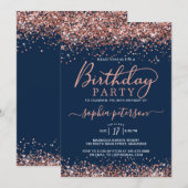 ローズゴールドグリッター ネイビーブルー 誕生日おめでとう（どんな年齢でも） 招待状 (正面/裏面)