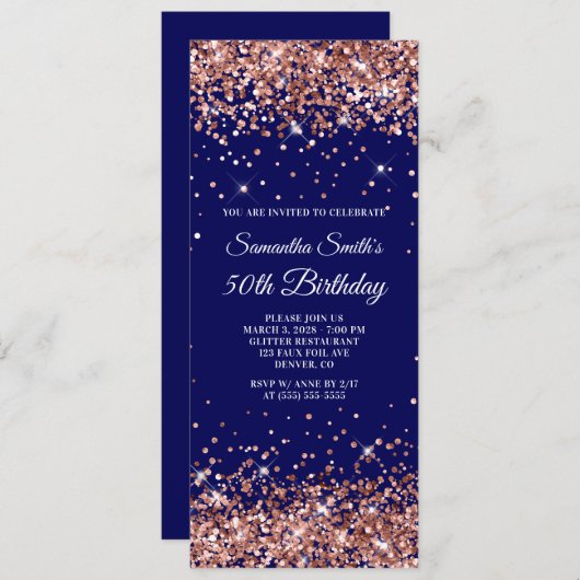 ローズゴールドグリッター ネイビー 50歳の誕生日 招待状 (正面/裏面)