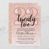 ローズゴールドグリッター 22歳の誕生日招待状 招待状 (正面/裏面)