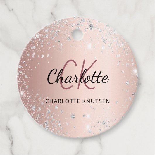 ローズゴールドシルバーグリッター モノグラム 名前 スクリプト フェイバータグ (正面)