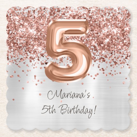 ローズゴールドシルバー5歳の誕生日パーティー ペーパーコースター (正面)
