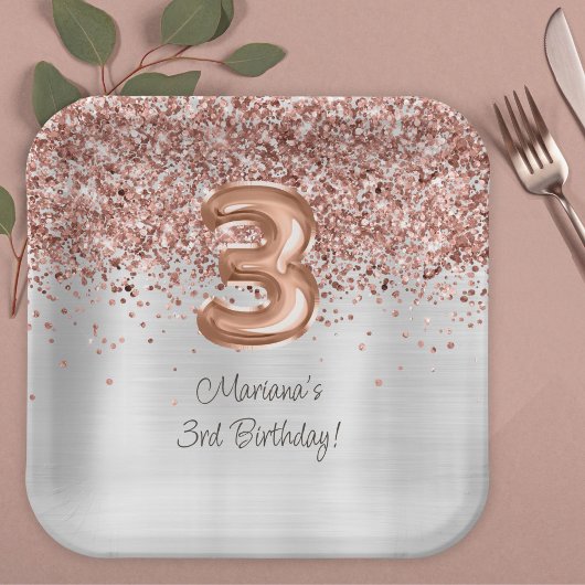  ローズゴールドシルバー 3歳の誕生日パーティー ペーパープレート