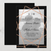 ローズゴールドジオメトリック | ブラックマーブル | ウェディングフォト 招待状 (正面/裏面)