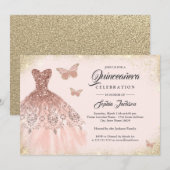 ローズゴールドスパークルドレス バタフライ キンセアニエラ招待 招待状 (正面/裏面)