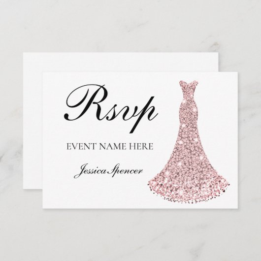 ローズゴールドスパークルドレス 誕生日 / ウェディングの返信 出欠カード (正面/裏面)