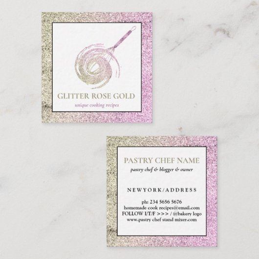 ローズゴールドスパークル泡立て器グリッター ベーカリー パストリー スクエア名刺 (正面/裏面)