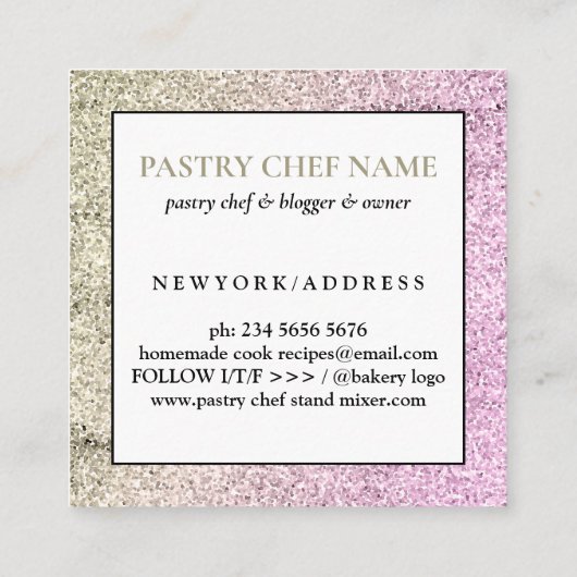 ローズゴールドスパークル泡立て器グリッター ベーカリー パストリー スクエア名刺 (裏面)