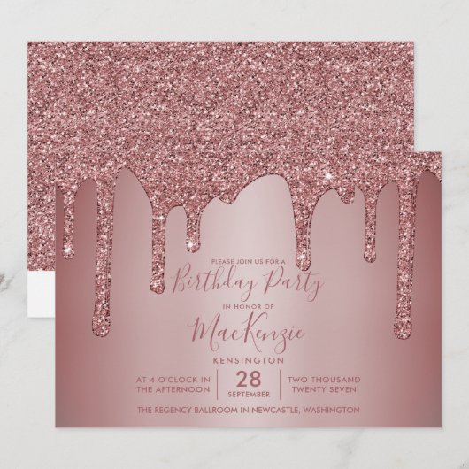 ローズゴールドスパークル ドリッピング グリッター 誕生日 招待状 (正面/裏面)
