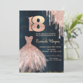 ローズゴールドドリップスドレス、ダークブルー 18歳の誕生日 招待状 (スタンド正面)
