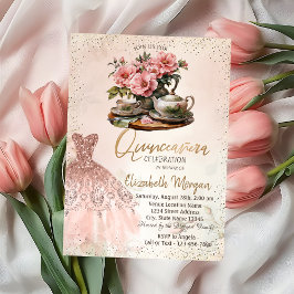 ローズゴールドドレス コンフェティ ティーセット Quinceañera 招待状