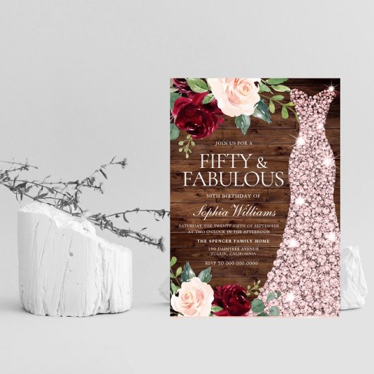 ローズゴールドドレス ブラッシュ ラスティック 50歳の誕生日パーティー 招待状