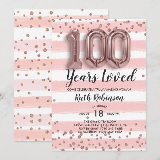 ローズゴールドバルーン|100歳の誕生日招待状 招待状 (正面/裏面)