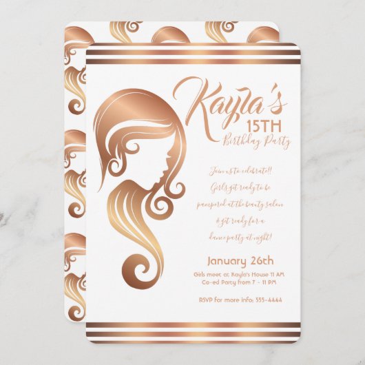 ローズゴールドビューティーガール ヘア＆メイクサロン パーティー 招待状 (正面/裏面)